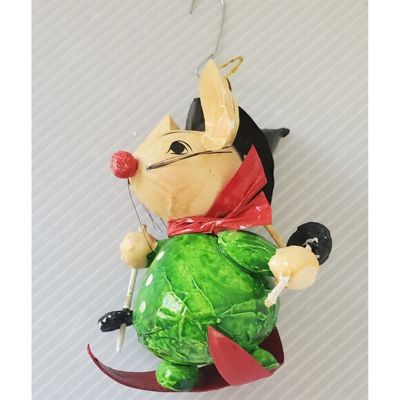 Vintage Christmas Ornament Paper Mache Witch Mouse On Skis Taiwan 1980s Folk Art - Picture 2 of 11